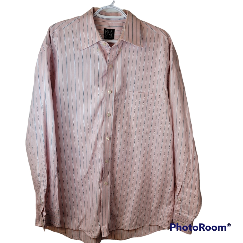 JOS A BANK Travelers Collection Pink Blue Striped‎ Mens Large Button Down Shirt